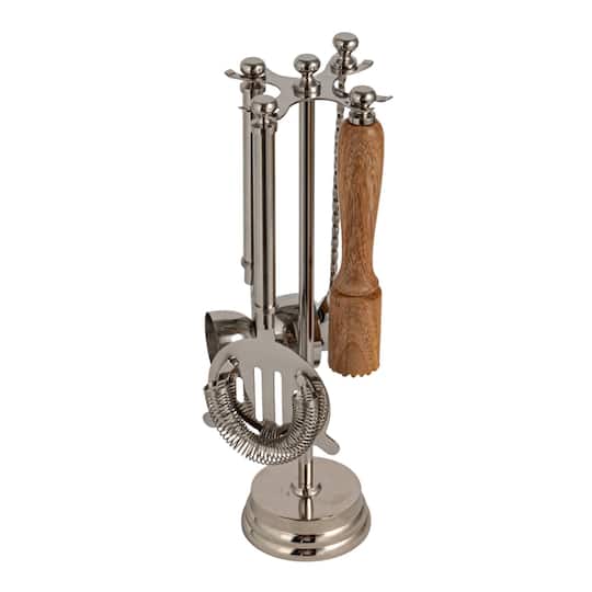 Hello Honey 5-Piece Stainless Steel and Mango Wood Bar Tools with Stand, Nickel Finish and Natural